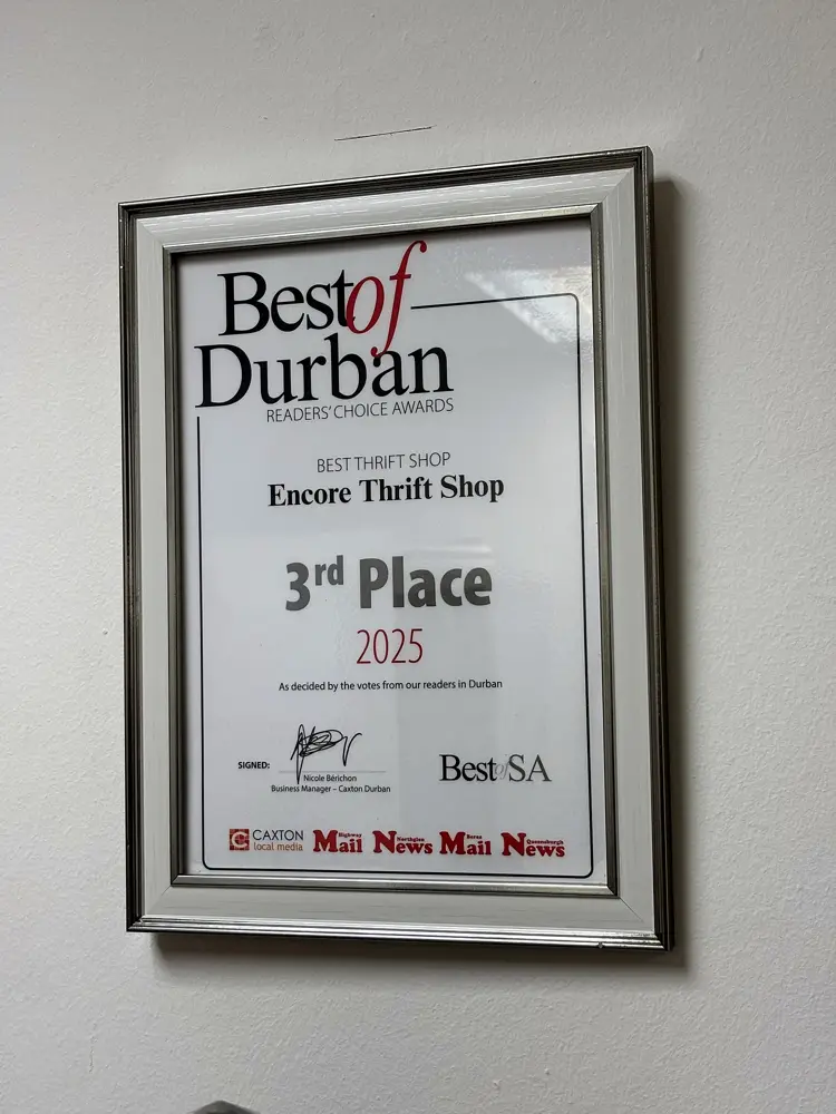 Best of Durban 2025 certificate, 3rd Place Best Thrift Shop